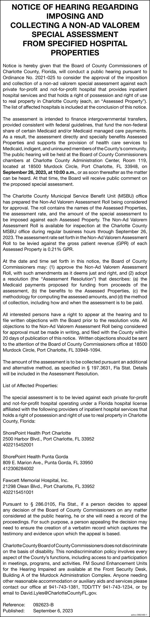 Notice of Public Hearing Charlotte County Port Charlotte FL