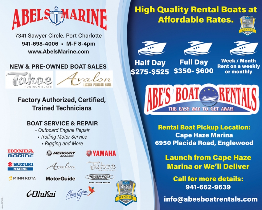 New & PreOwned Boat Sales, Abel's Marine Abe's Boat Rentals, Englewood, FL