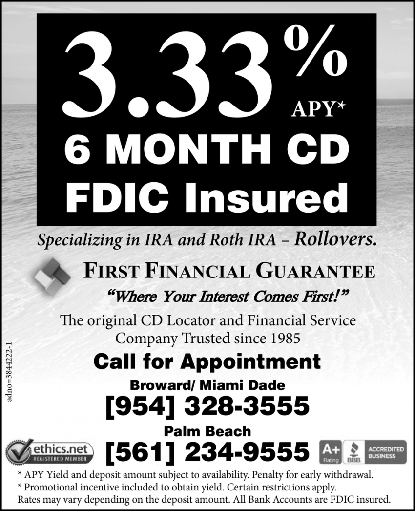 3.33% 6 Month CD FDIC Insured