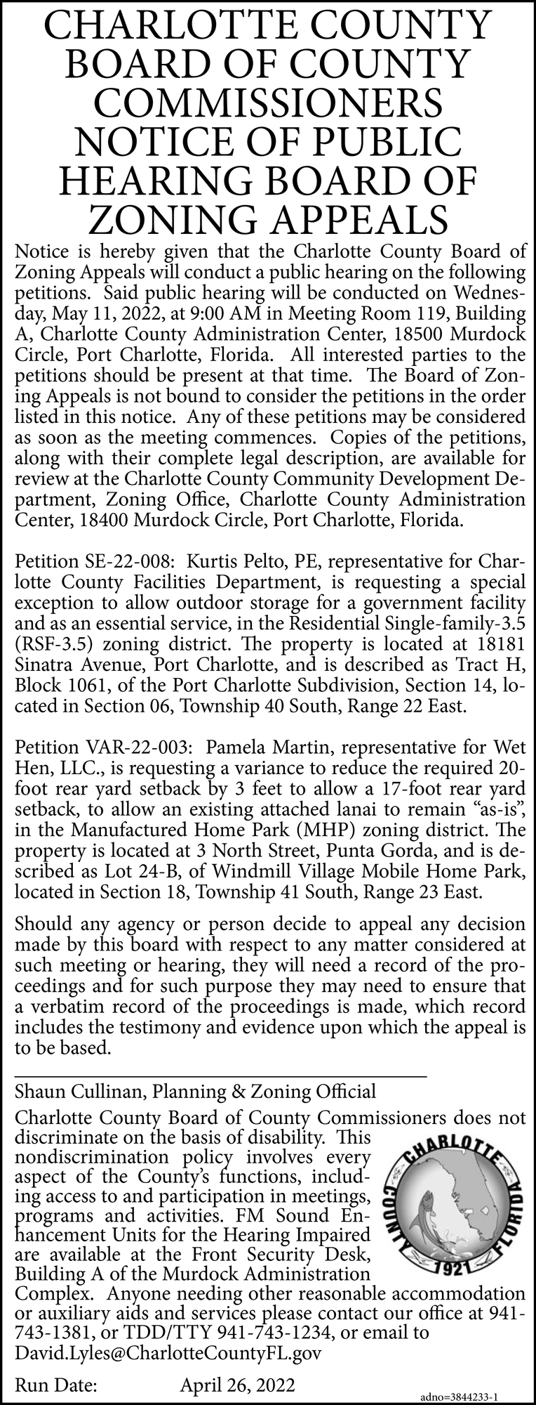Notice of Public Hearing Board of Zoning Appeals