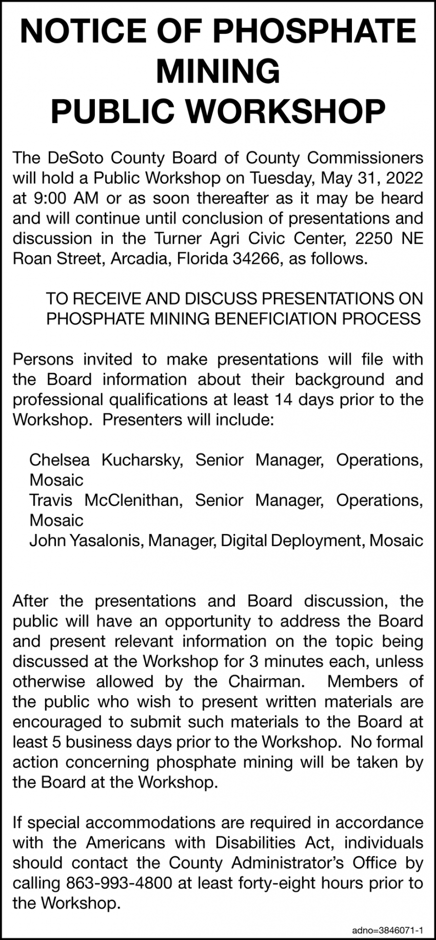Notice of Phosphate Mining Public Workshop