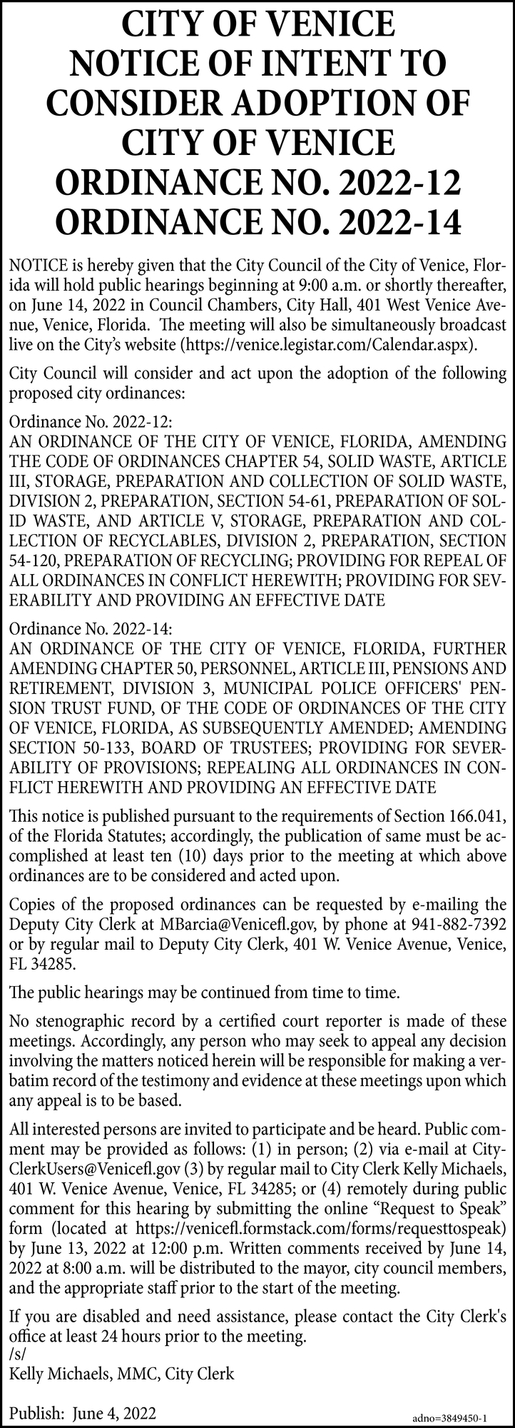 Notice of Intent to Consider Adoption of City of Venice