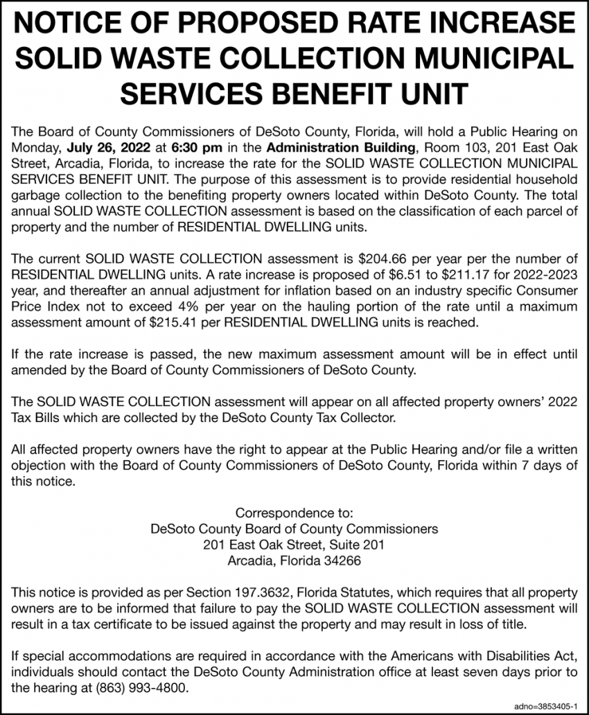 Notice of Proposed Rate Increase Solid Waste Collection Municipal Services Benefit Unit