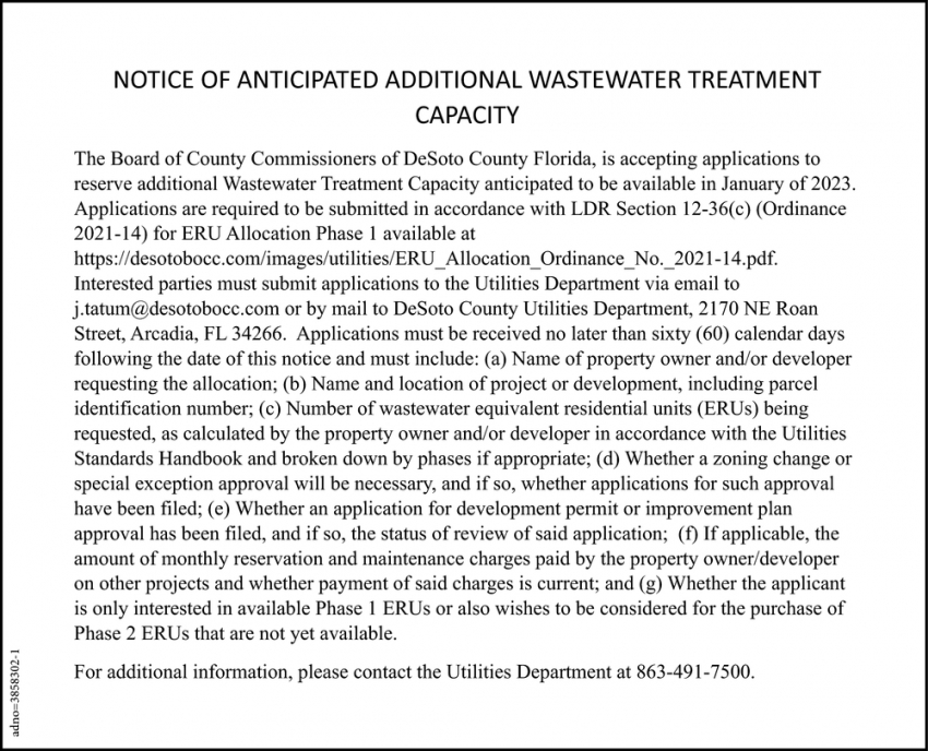 Notice of Anticipated Additional Wastewater Treatment Capacity