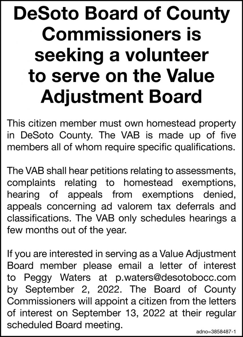 Seeking a Volunteer to Serve on the Value Adjustment Board