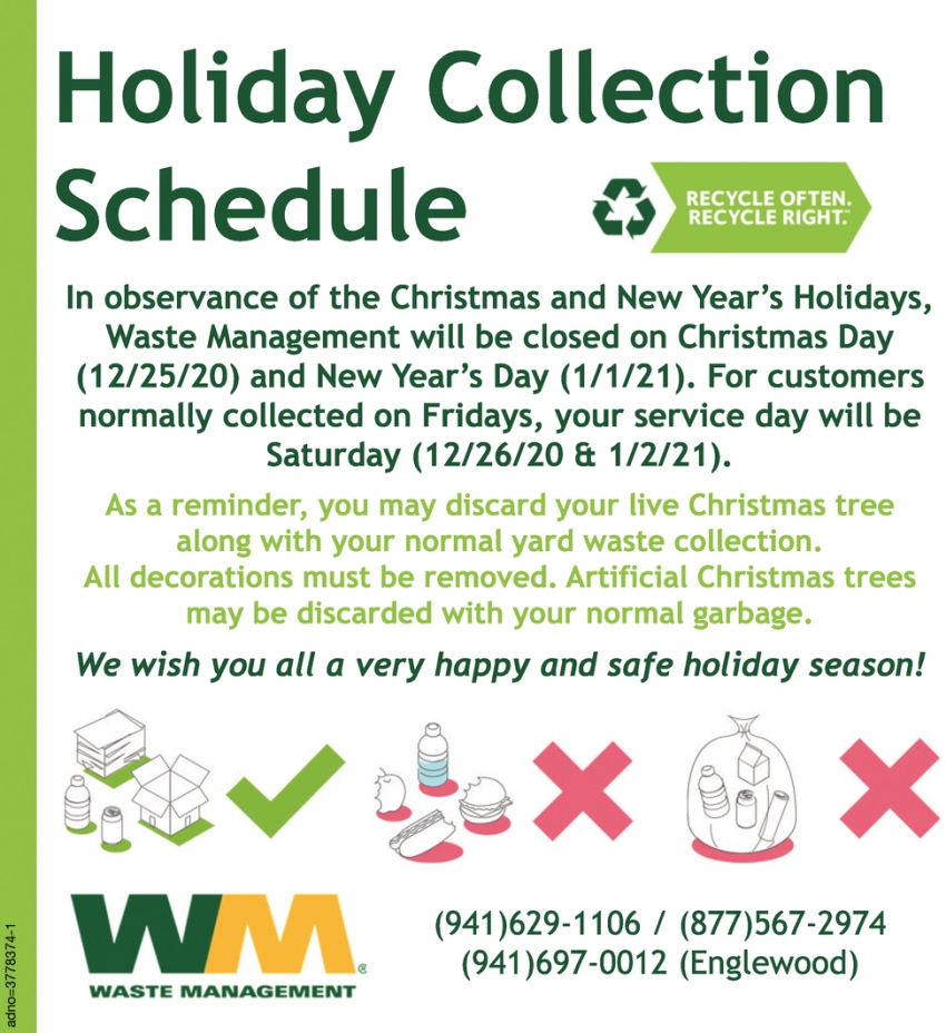 Holiday Collection Schedule, Waste Management, Inc, Punta Gorda, FL