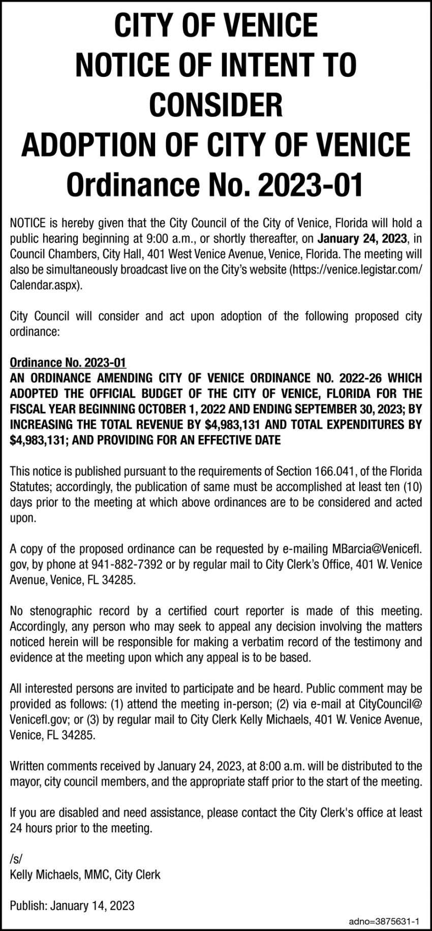 Notice of Intent to Consider Adoption of City of Venice