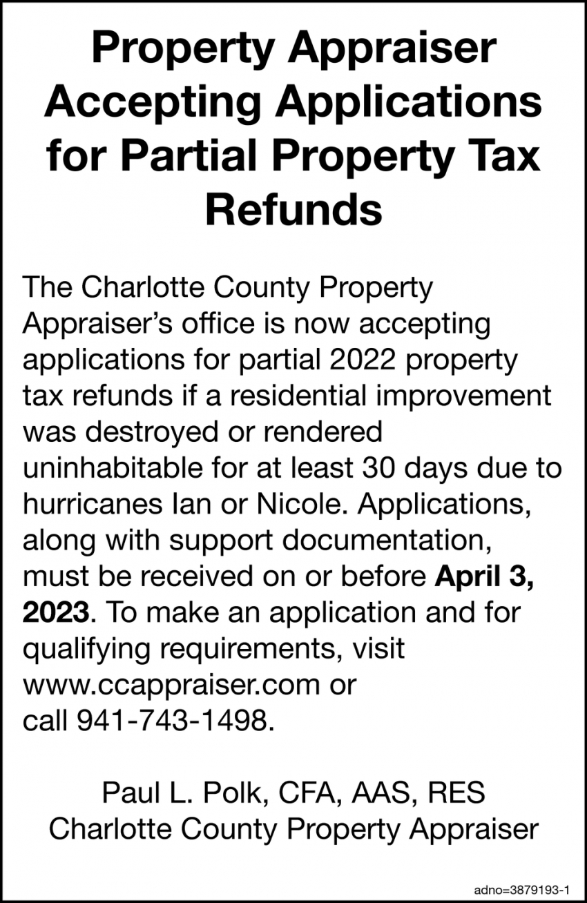 Property Appraiser Accepting Applications for Partial Property Tax Refunds