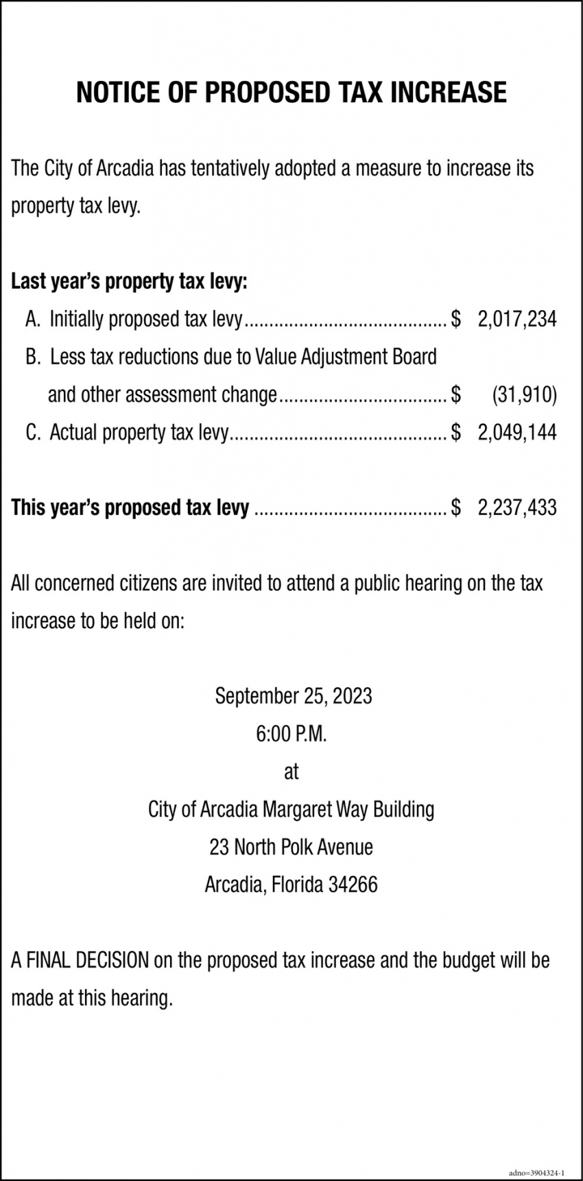 Notice of Proposed Tax Increase