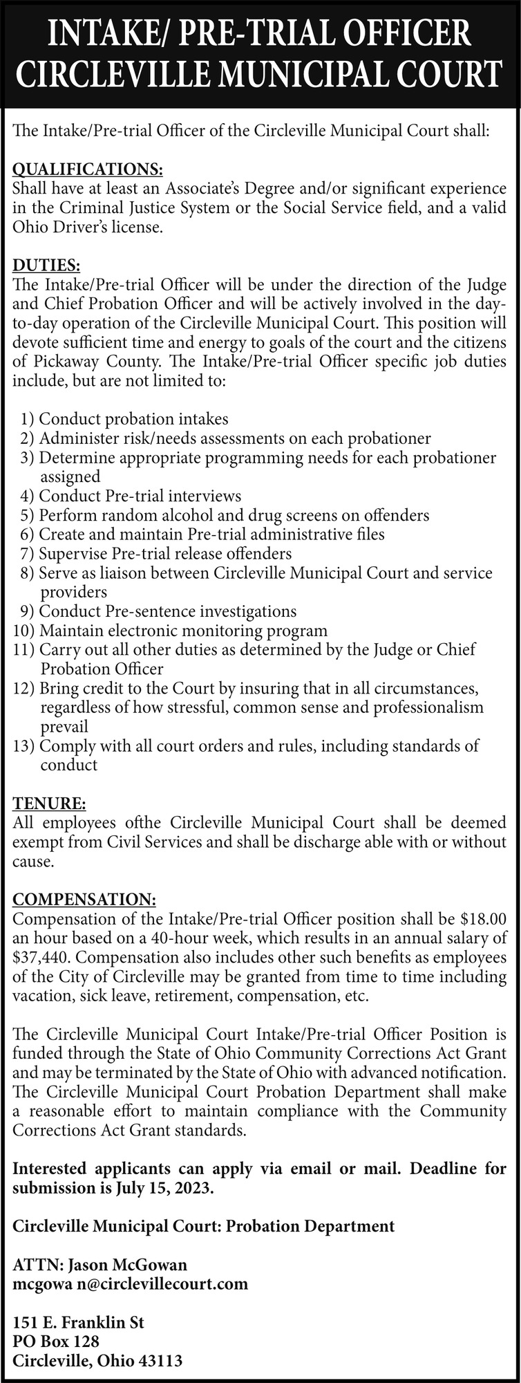 Intake/PreTrial Officer Circleville Municipal Court, Pickaway County