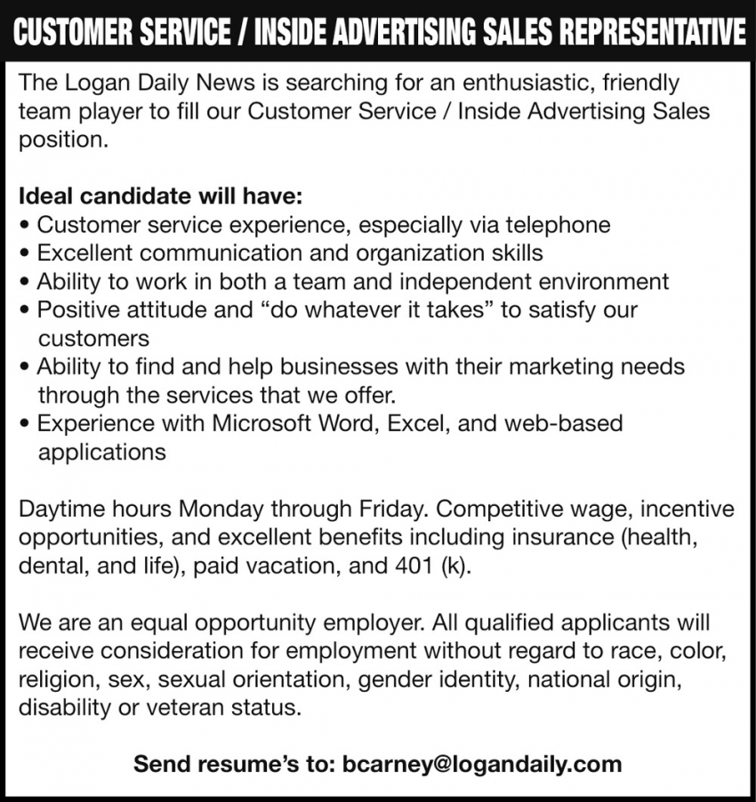 Customer Service/Inside Advertising Sales Representative