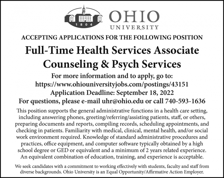Full Time Health Services Associate Counseling & Psych Services