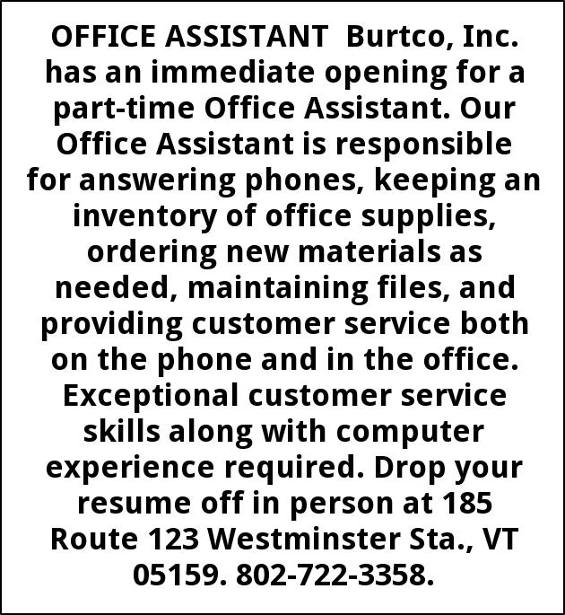 Office Assistant, Burtco, Inc, Westminster Station, VT