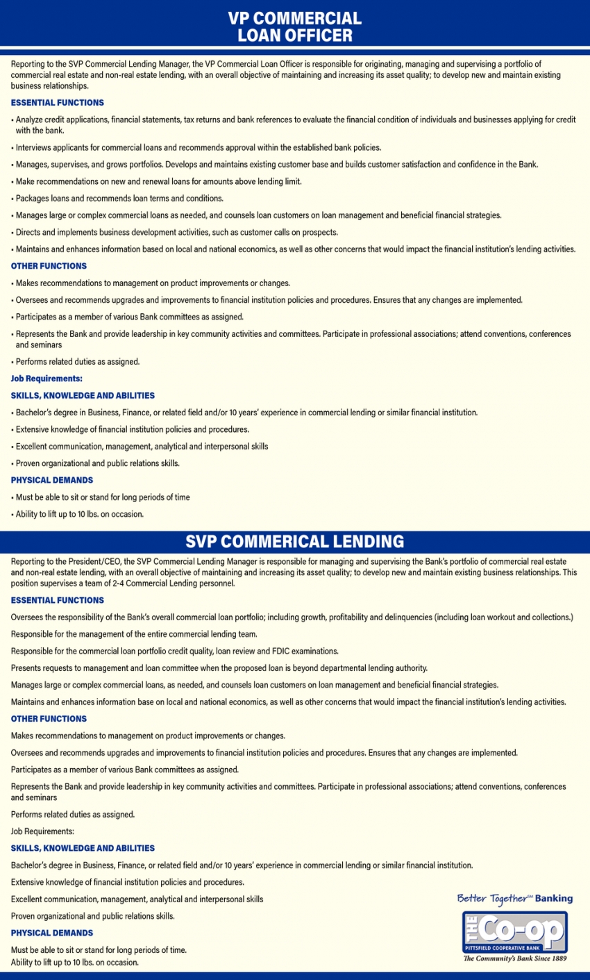 VP Commercial Loan Officer - SVP Commercial Lending