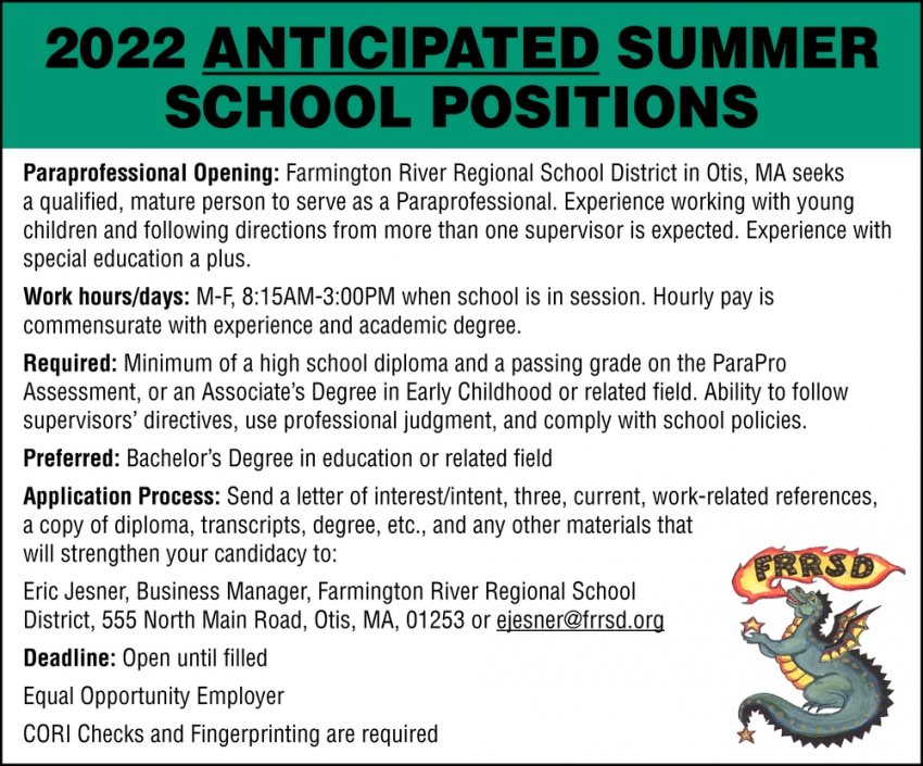 2022 Anticipated Summer School Positions