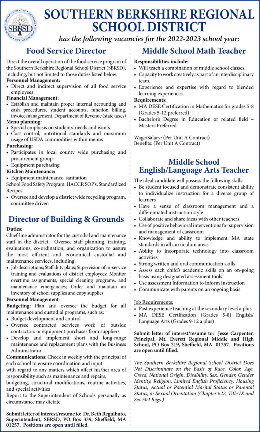 Has The Following Vacancies For The 2022-2023 School Year