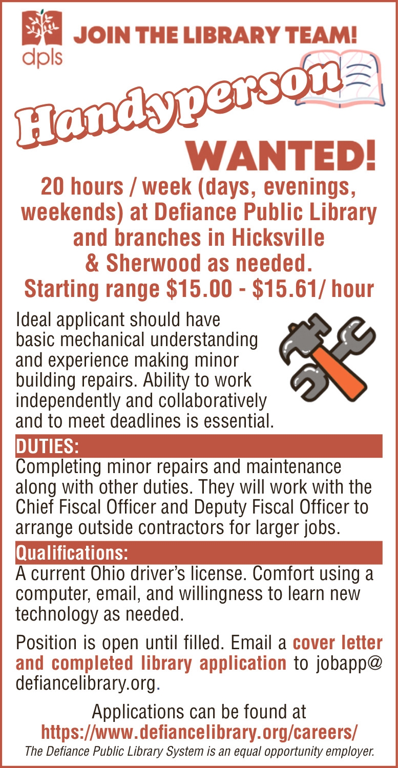 Handyperson Wanted!, Defiance Public Library, Defiance, OH