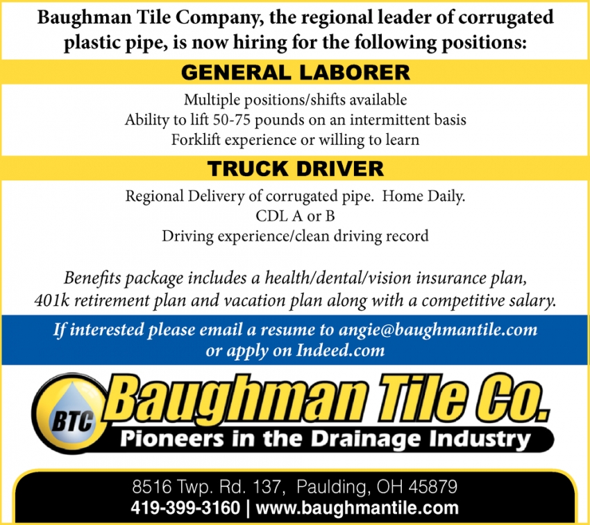 General Laborer & Truck Driver, Baughman Tile Co, Paulding, OH