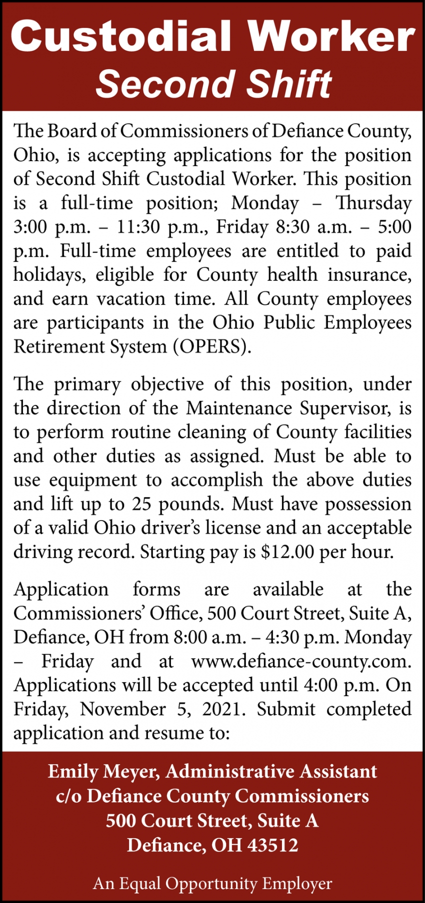 Custodial Worker Second Shift Defiance County Commissioners