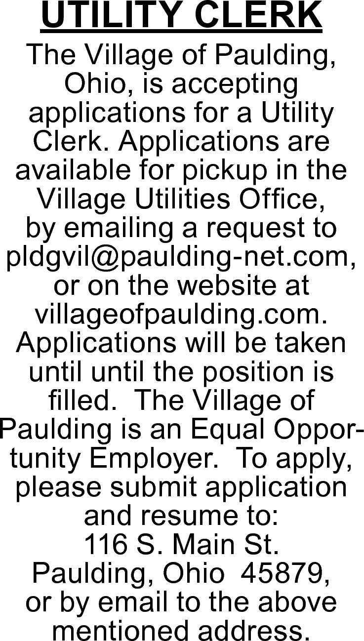 Utility Clerk The Village of Paulding Paulding OH