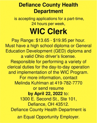 WIC Clerk Defiance Counth Health Department