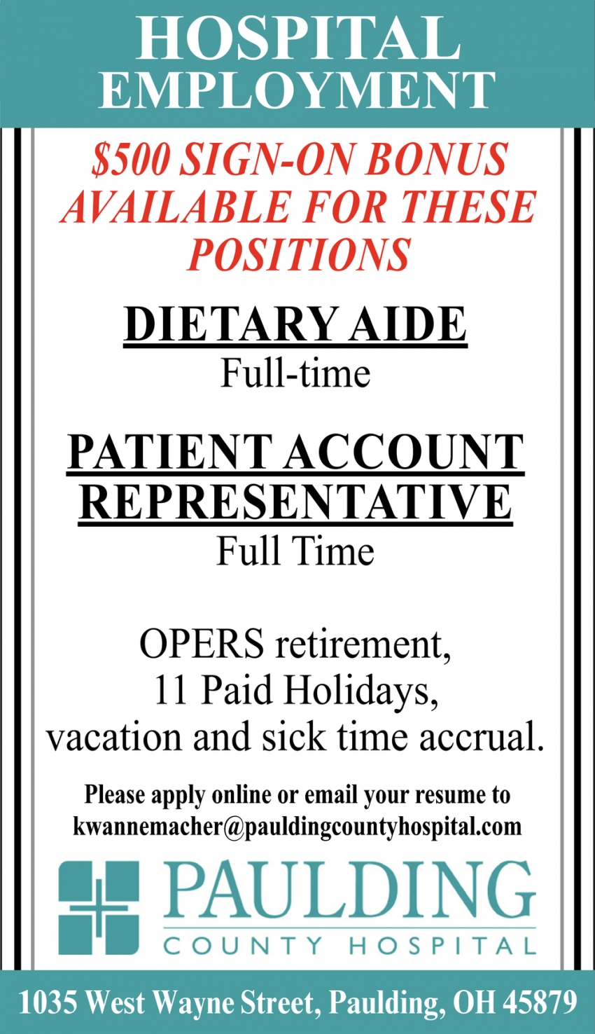 Dietary Aide - Patient Account Representative