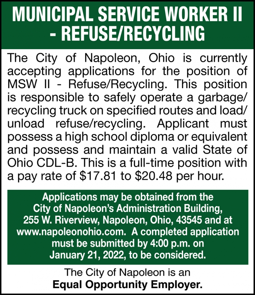 Municipal Service Worker II - Refuse/Recycling
