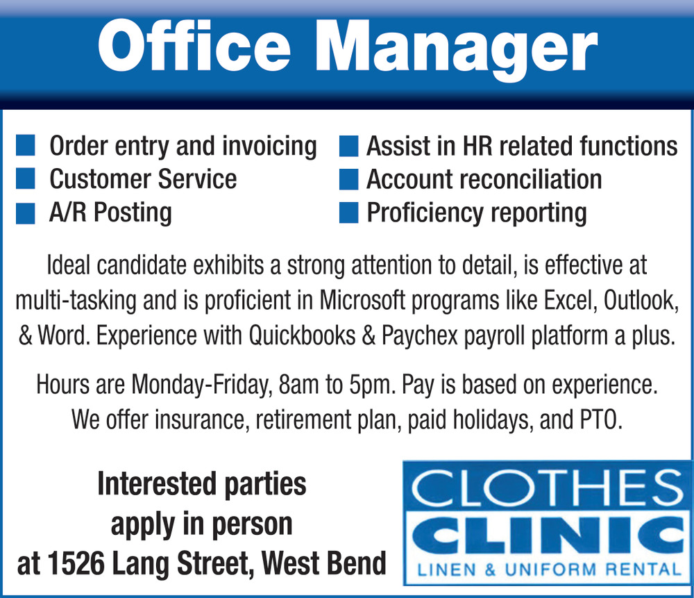 Office Manager, Clothes Clinic Linen & Uniform Rental, West Bend, WI