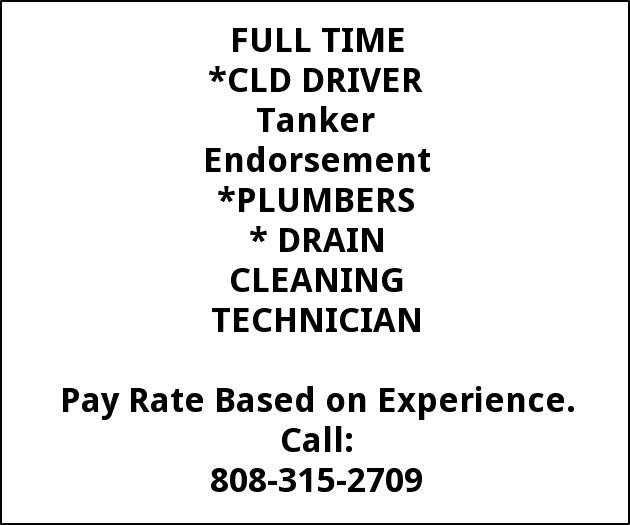 CDL Driver - Plumbers - Cleaning Technician