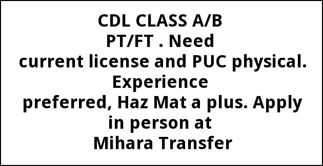 CDL Class A/B PT/FT
