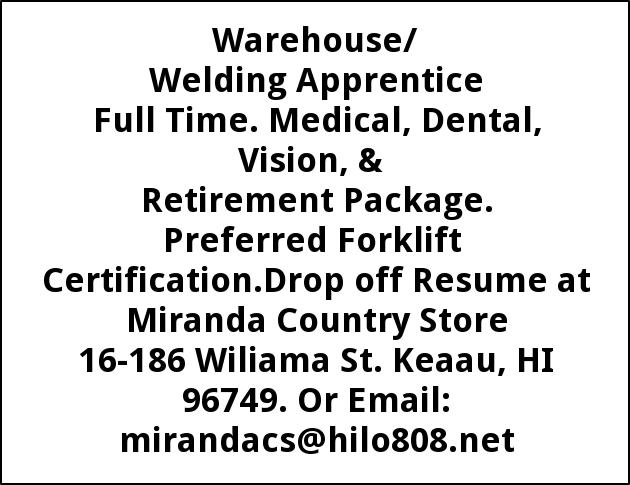 Warehouse/Welding Apprentice Full Time