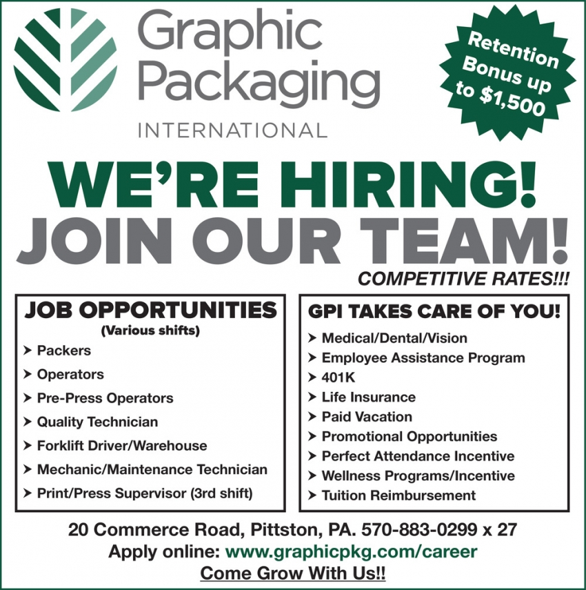 Job Opportunities, Graphic Packaging International