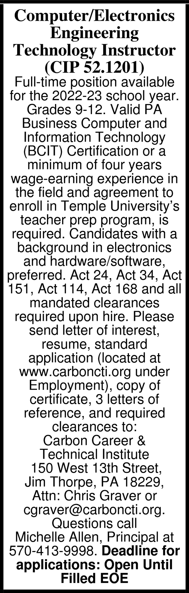 Computer/Electronics/Engineering Technology Instructor