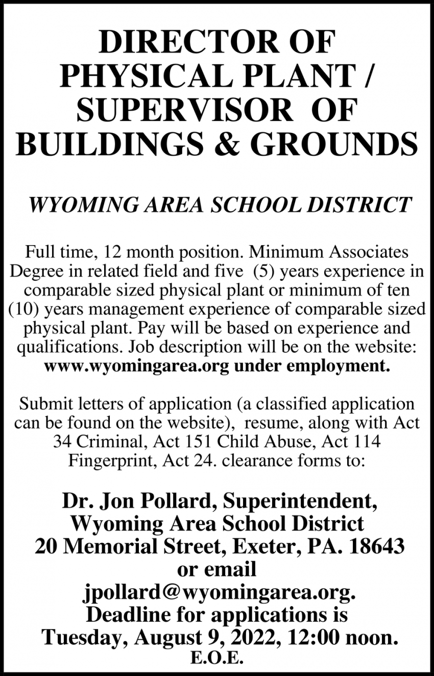 Director Of Physical Plant/Supervisor Of Buildings & Grounds