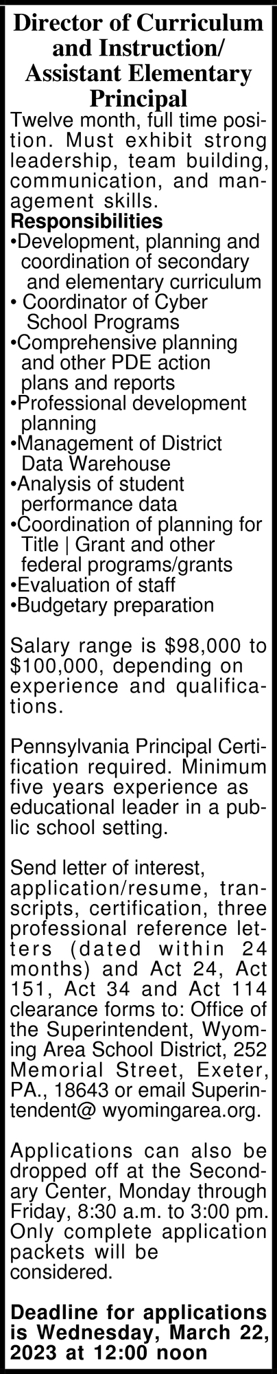 Director Of Curriculum And Instruction/Assistant Elementary Principal