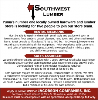 Rental Mechanic Sales Associate Southwest Lumber