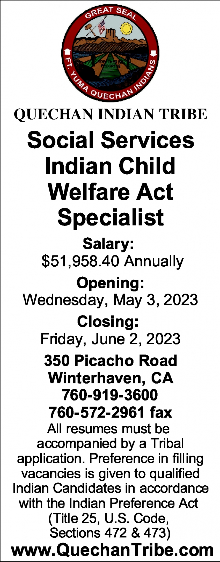 Social Services Indian Child Welfare Act Specialist