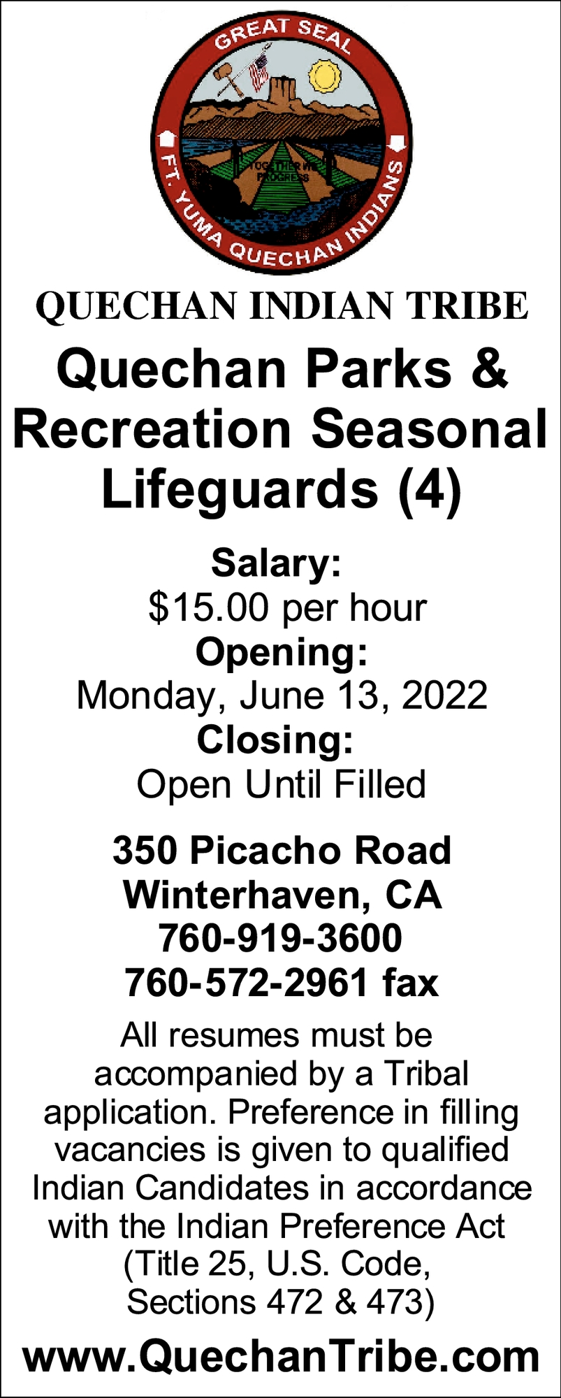 Quechan Parks & Recreation Seasonal Lifeguards