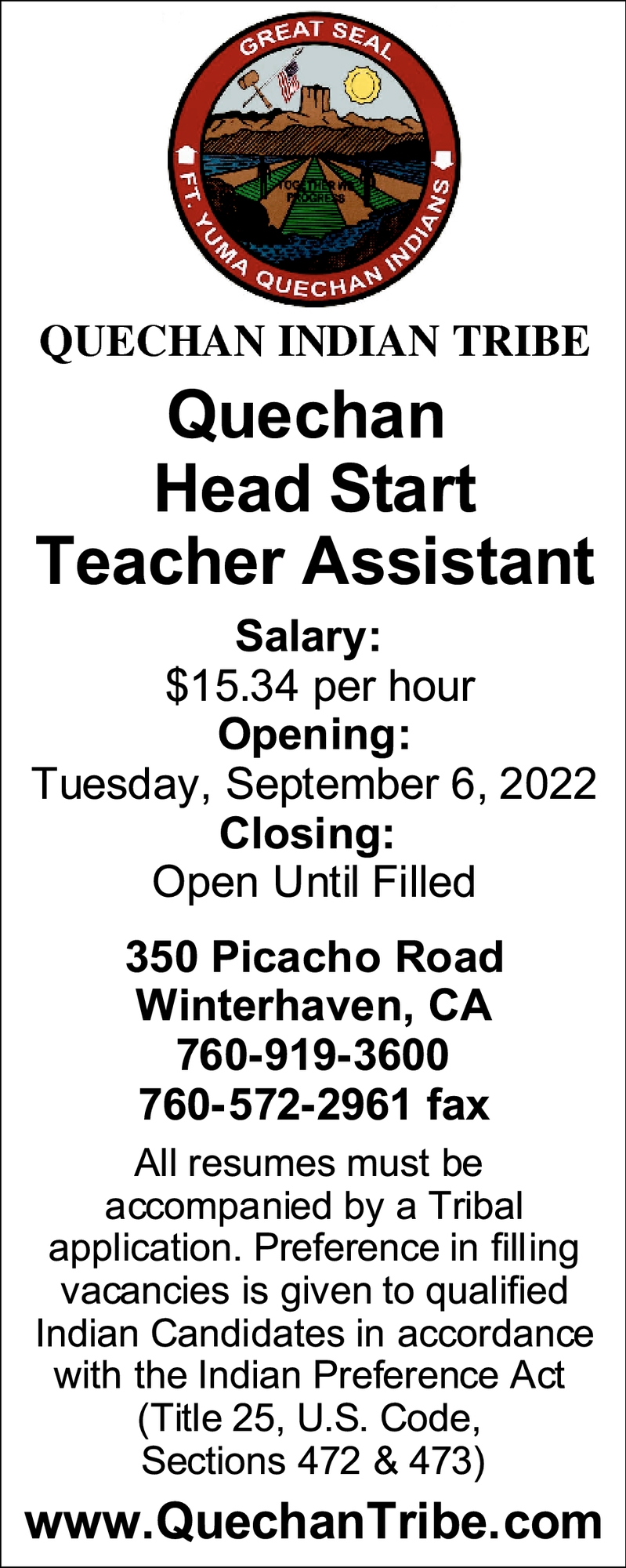 Quechan Head Start Teacher Assistant