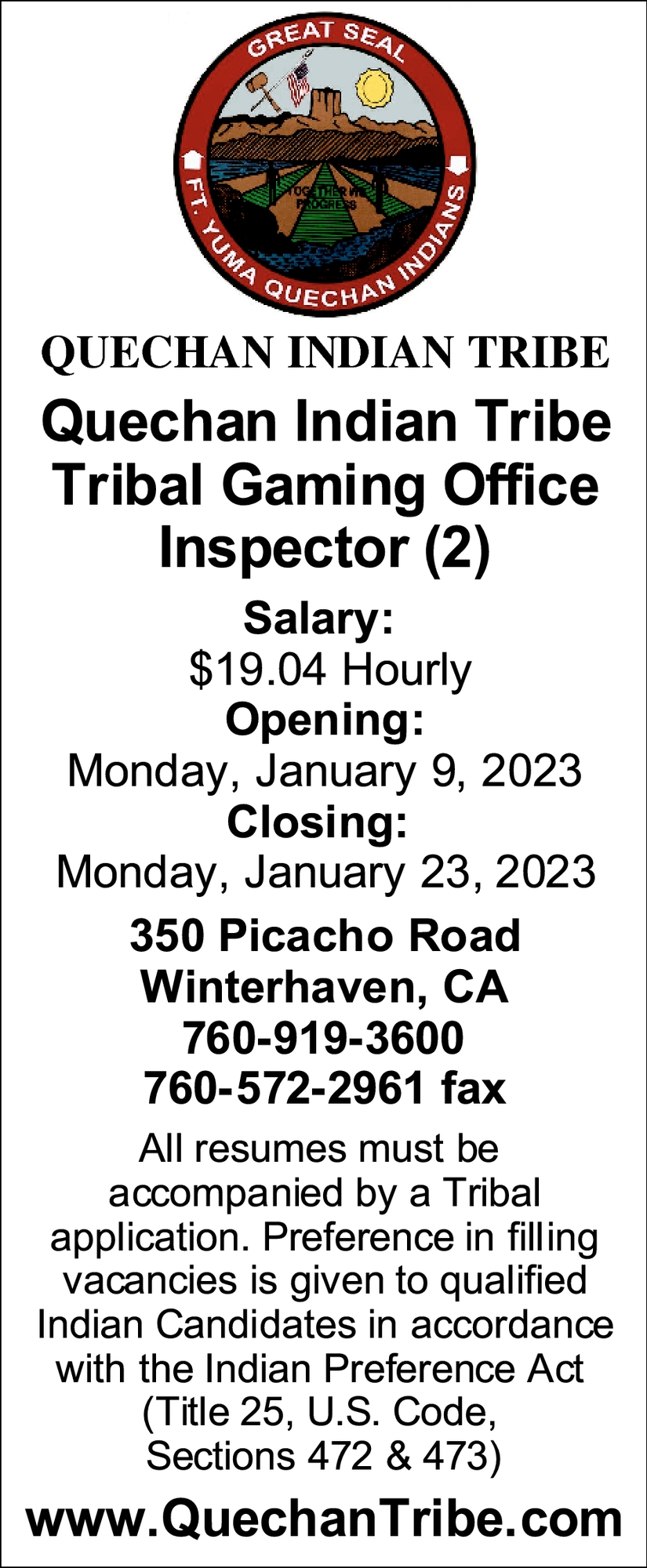 Tribal Gaming Office Inspector
