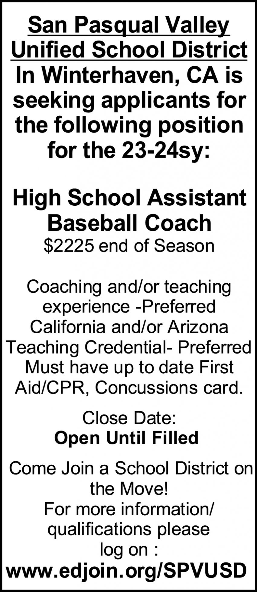 High School Assistant Baseball Coach