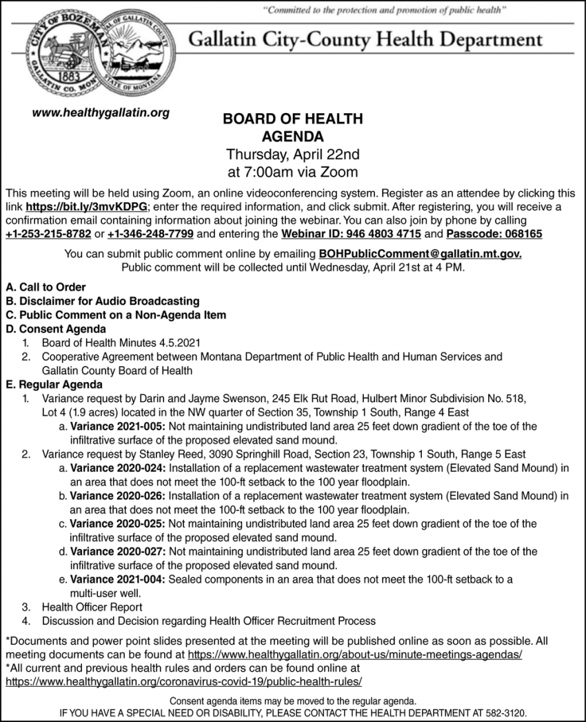 Board Of Health Agenda