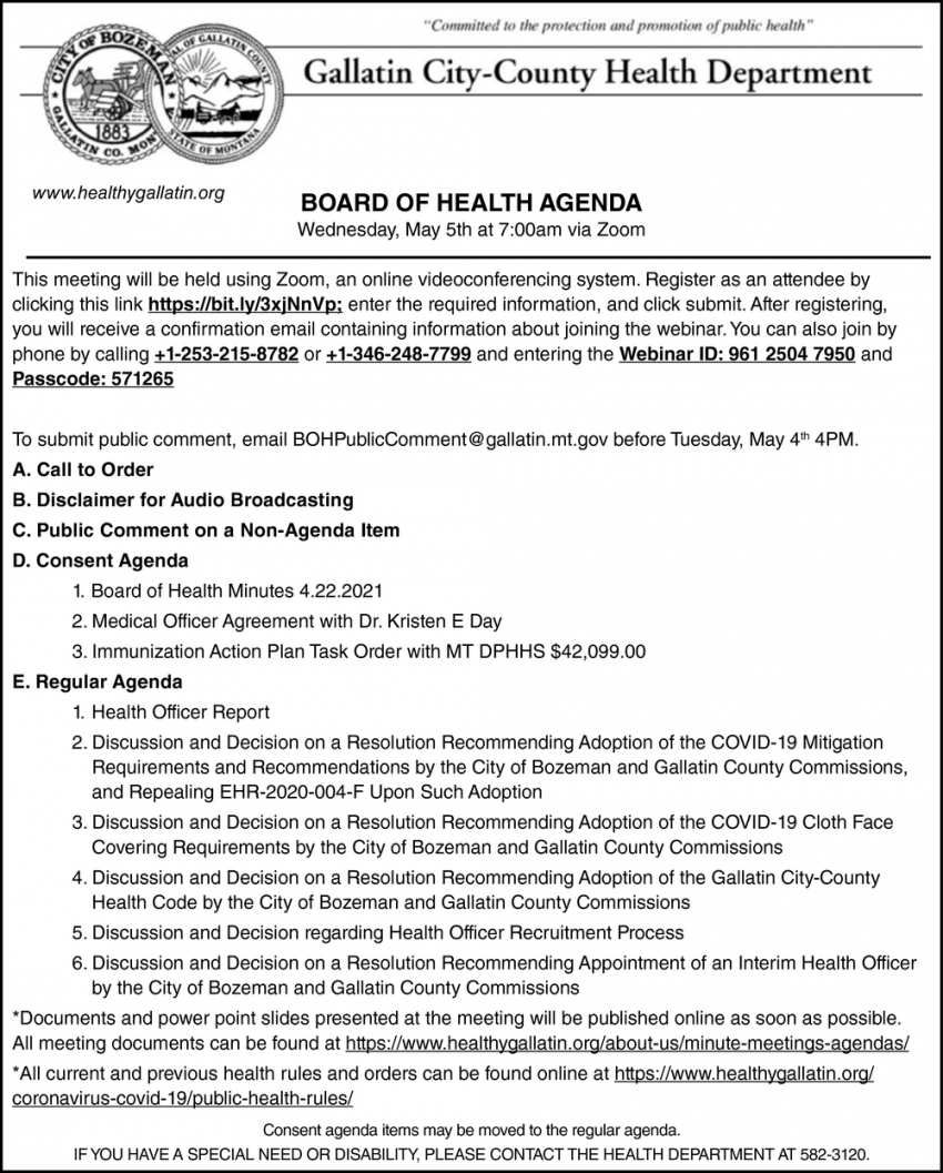 Board Of Health Agenda