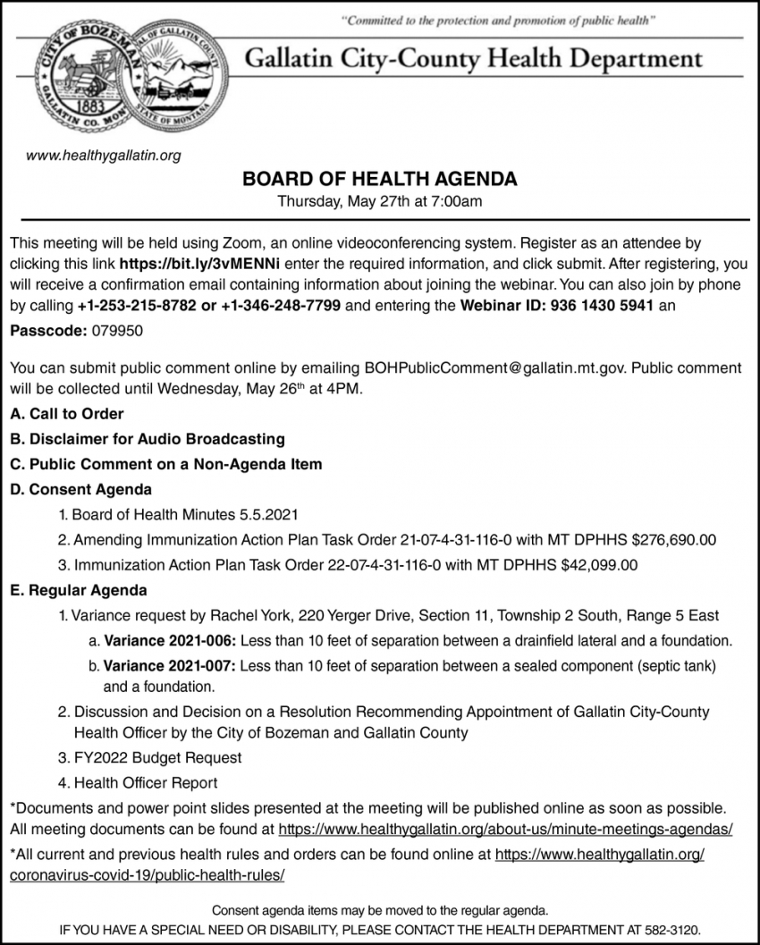 Board of Health Agenda