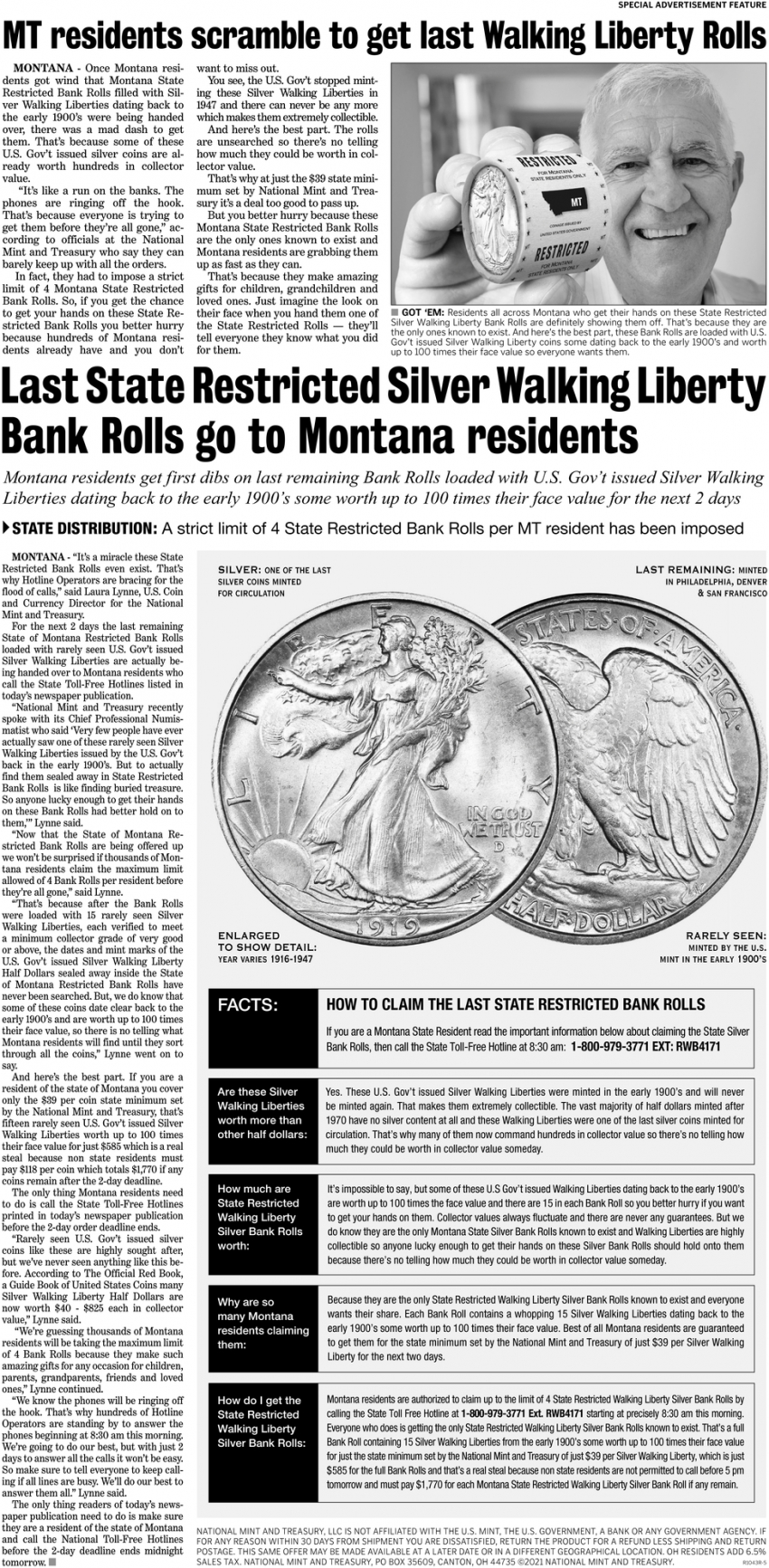Last State Restricted Silver Walking Liberty Bank Rolls Go To Montana Residents