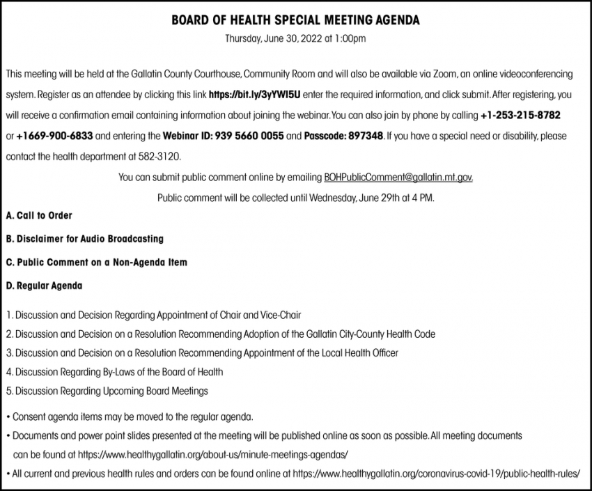 Board Of Health Special Meeting 