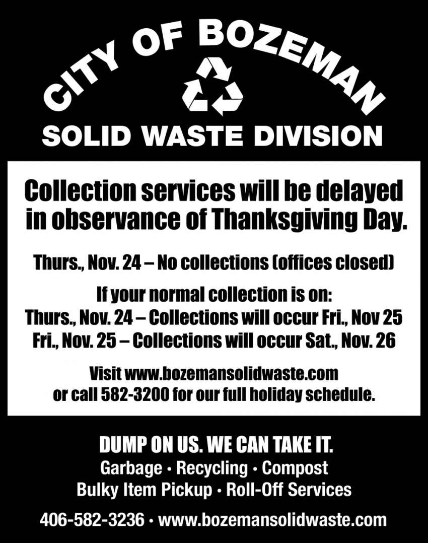 Collection Services Will Be Delayed In Observance Of Thanksgiving Day