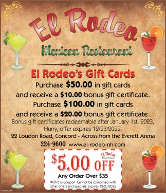 El Rodeo's Gift Cards, El Rodeo Mexican Restaurant, Concord, NH