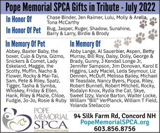 Pope Memorial SPCA Gifts In Tribute