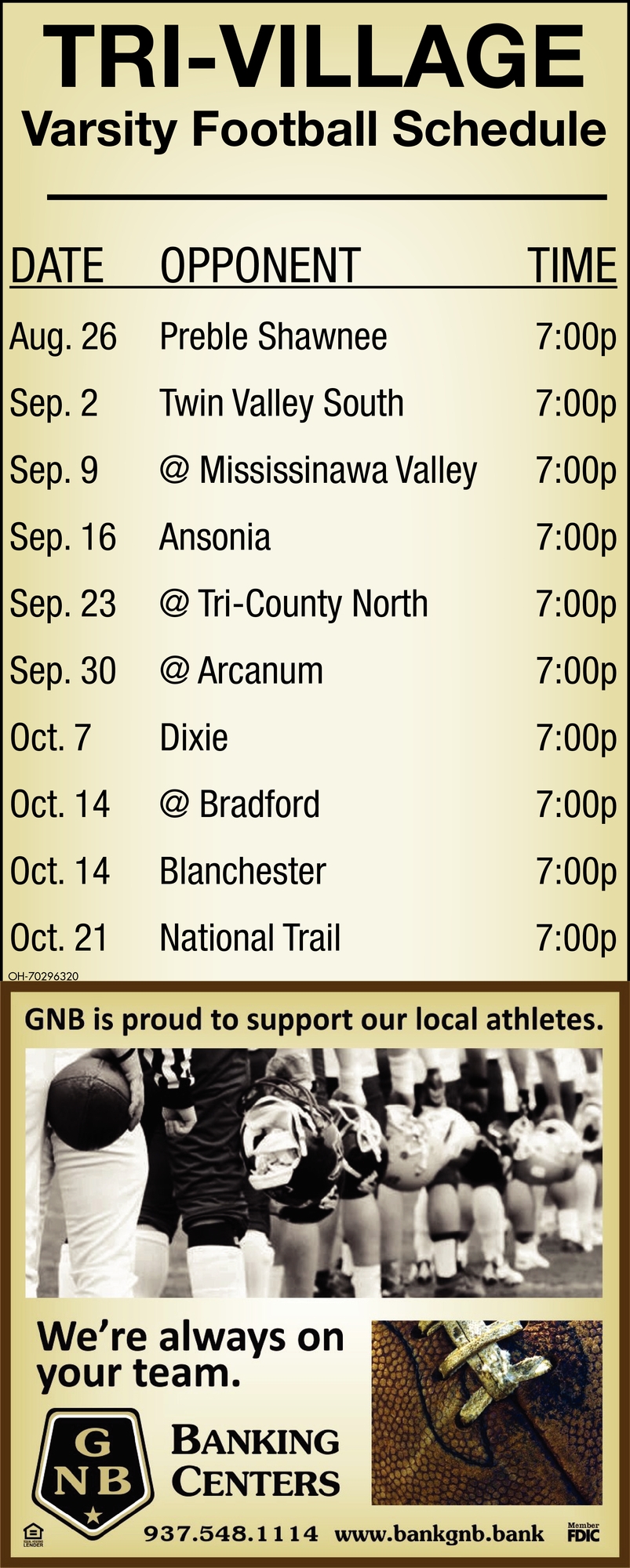 Tri-Village Varsity Football Schedule